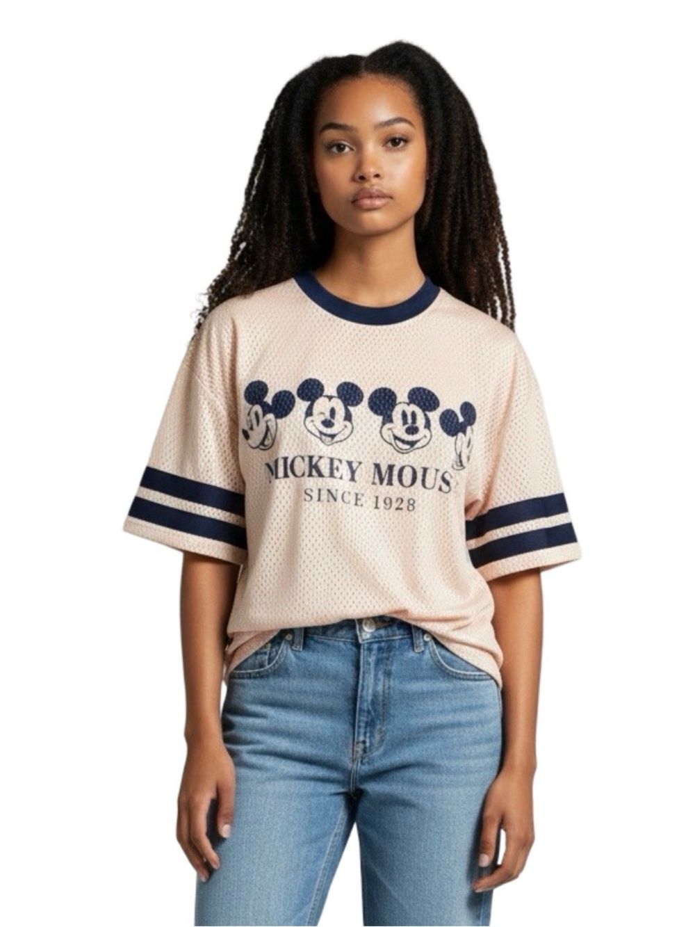 NWT Disney Mickey Mouse Mesh Jersey Shirt Medium Unisex Cream Navy Since 1928